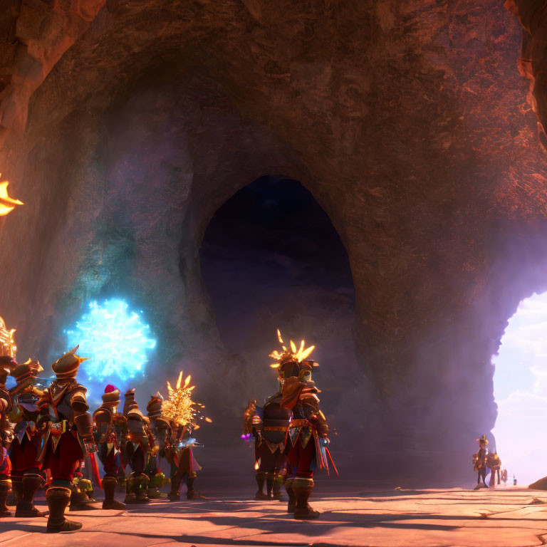 Armored warriors in cavern with glowing blue crystals