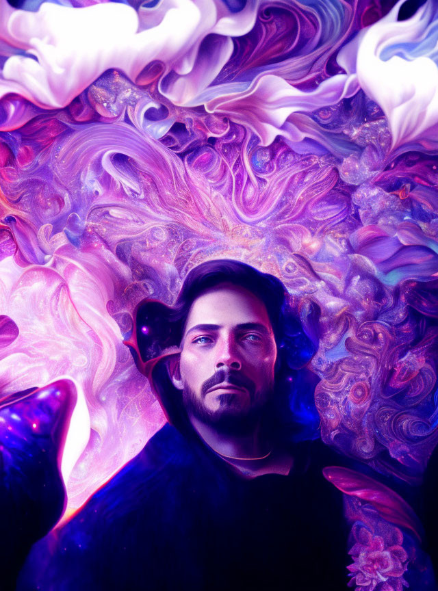 Man emerges from swirling purple, pink, and white nebula