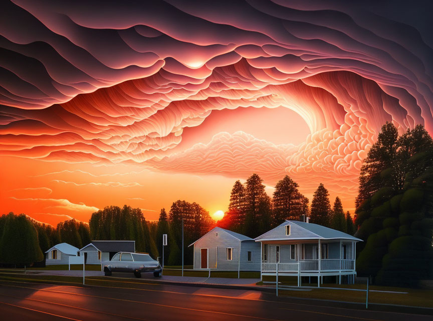 Surreal sunset with cloud-like patterns over suburban street