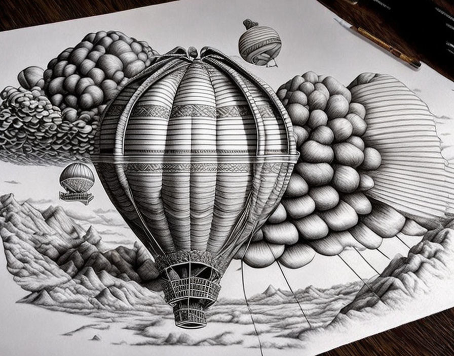 Detailed pencil drawing of floating hot air balloons in clouds