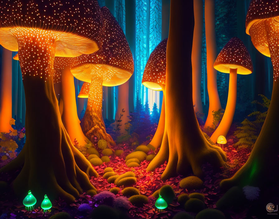 Enchanted forest with oversized glowing mushrooms and orbs