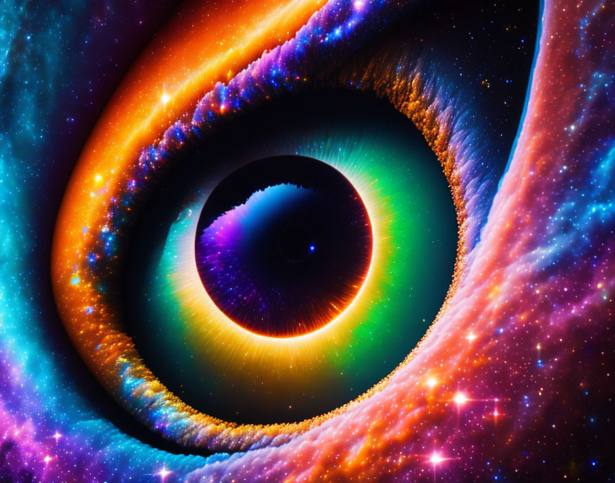 Colorful cosmic eye with rainbow iris in swirling nebulae and stars