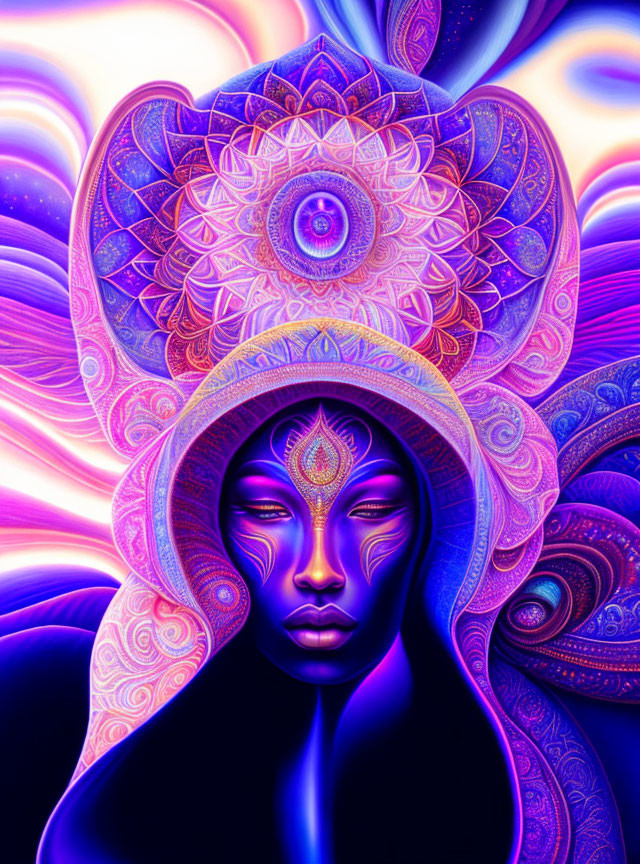 Serene female figure with radiant mandala halo in vibrant digital artwork