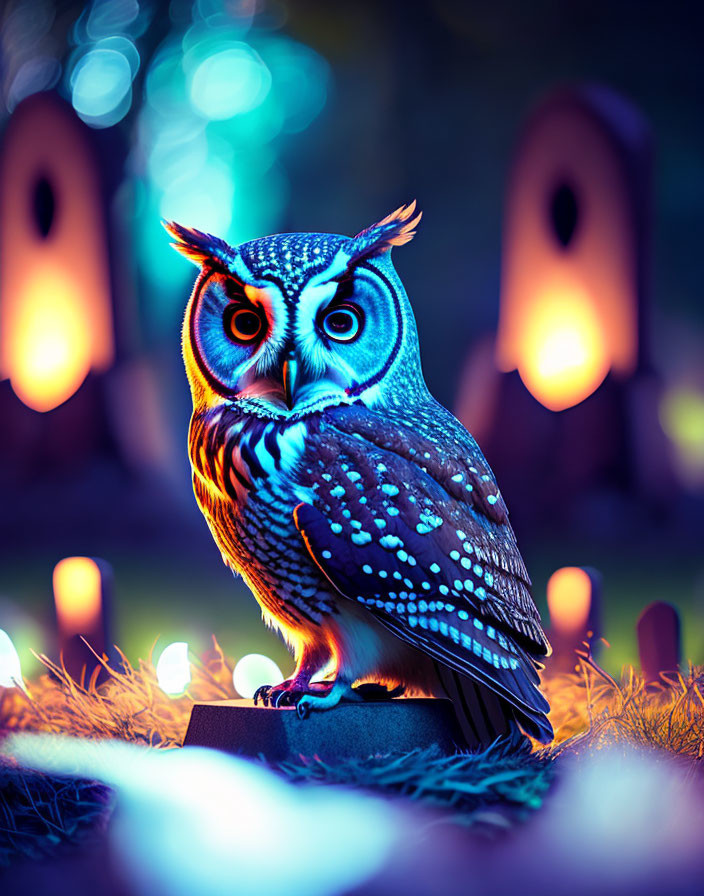 Colorful Owl Perched on Stump with Glowing Lights and Silhouettes