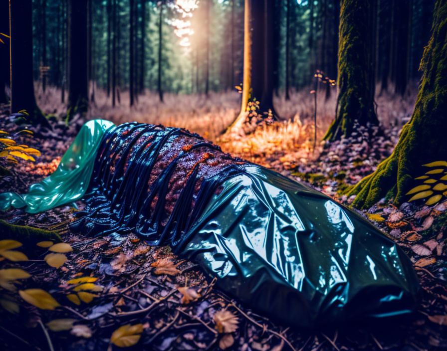 Shiny figure wrapped in foil on forest floor with sunlight filtering through trees