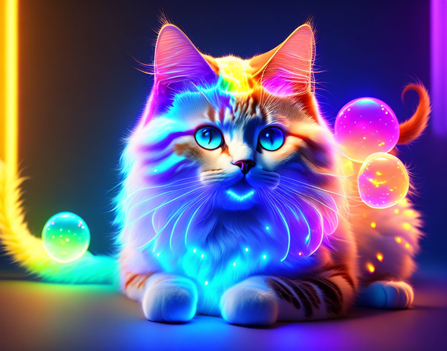 Neon-lit fluffy cat with blue eyes and glowing orbs in digital artwork