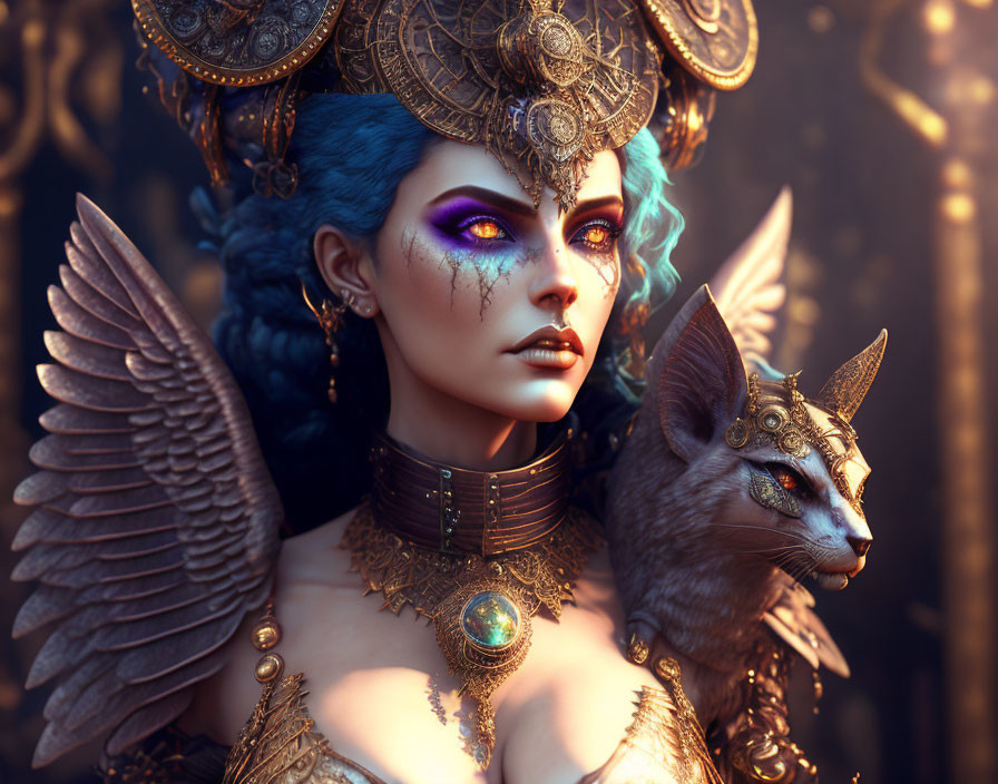 Fantastical image of woman with blue hair and golden headgear with winged cat creature