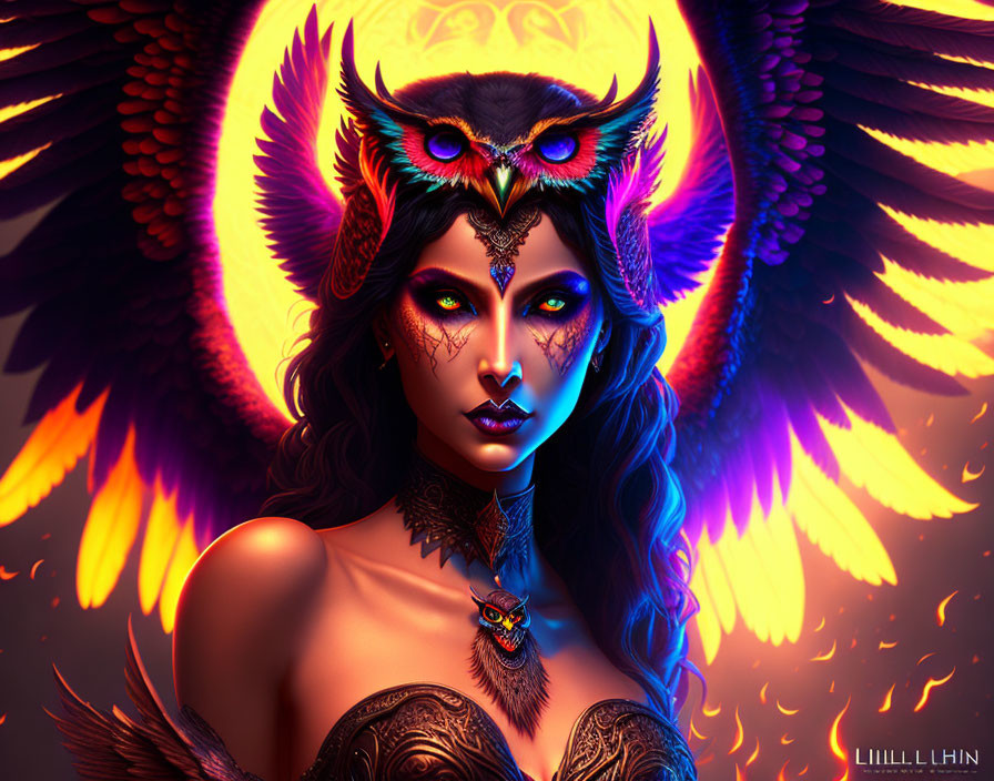 Dark-haired woman with glowing eyes, feathered wings, fiery aura, owl headdress, ornate