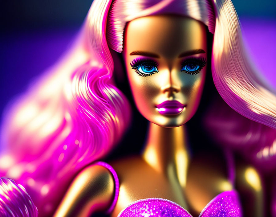 Blonde Hair Doll in Sparkling Pink Attire on Blue-Purple Background