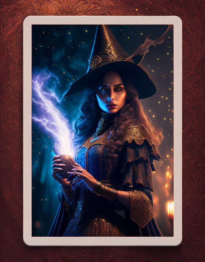 Mystical witch casting spell with blue magical energy on starry night background