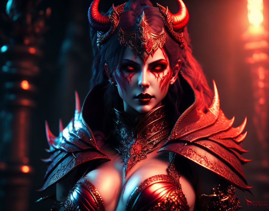 Fantasy female character with red eyes and horns in dark armor against moody backdrop