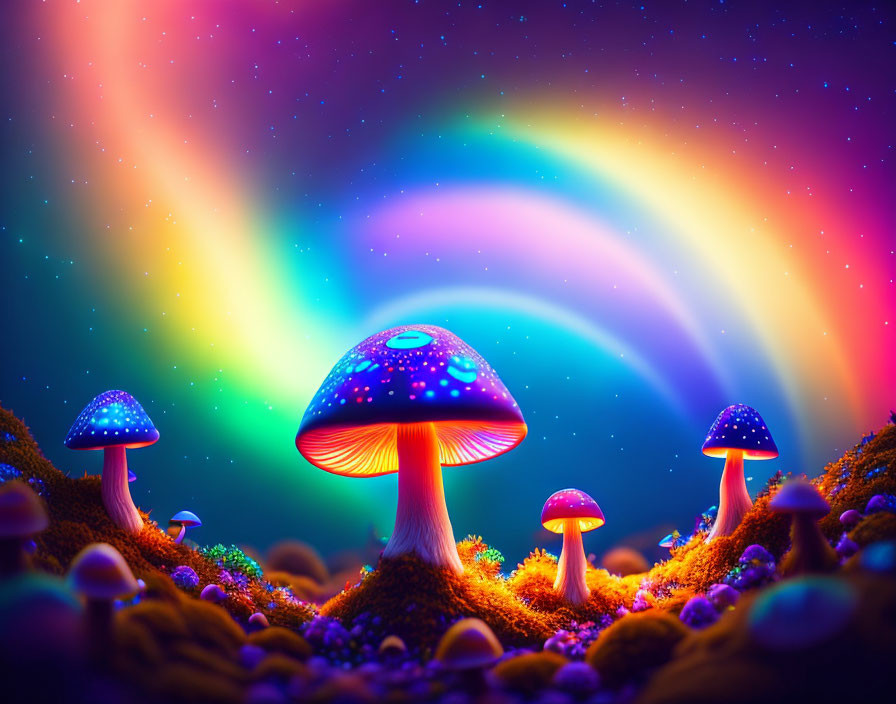 Fantasy landscape with luminescent mushrooms under colorful sky