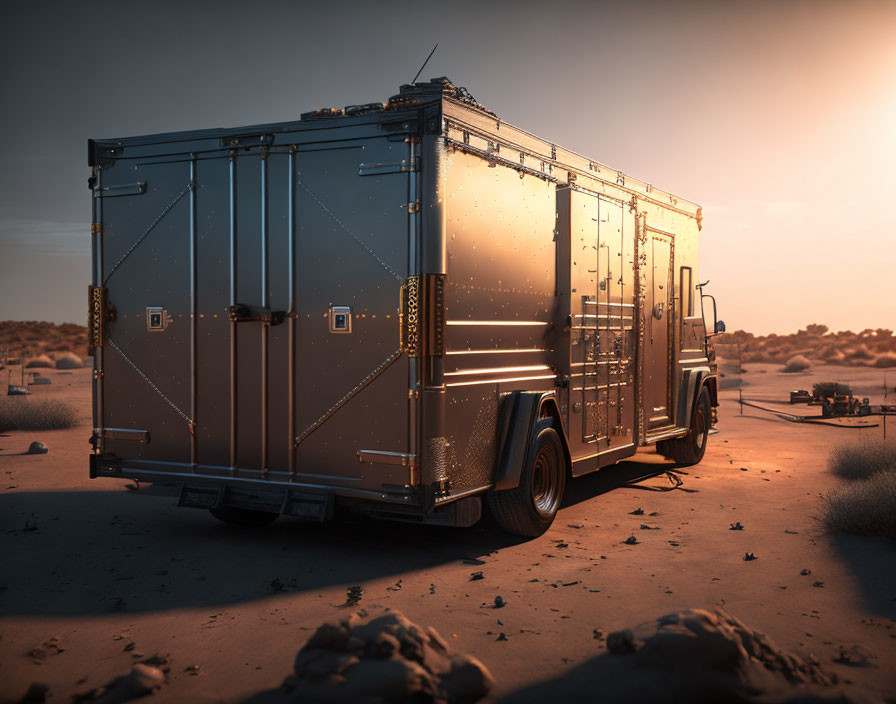 Armored vehicle in desert with swirling sand and warm sunlight