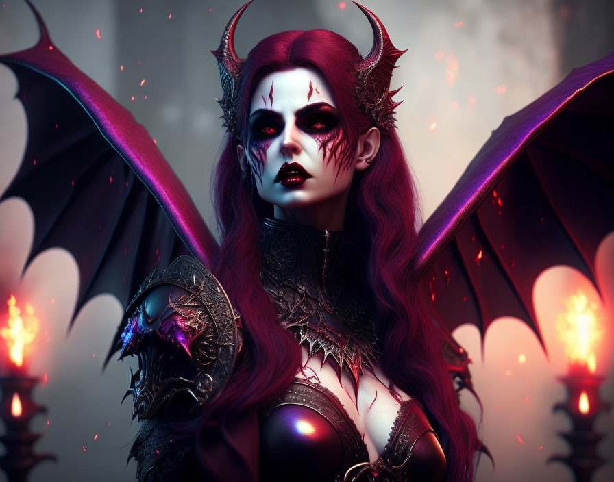 Red-eyed female demon with horns, wings, and torch-lit backdrop