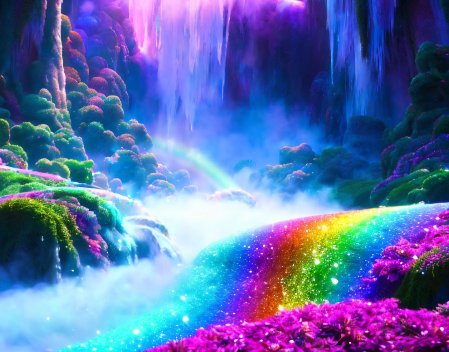 Colorful fantasy landscape with neon waterfalls and rainbow flora