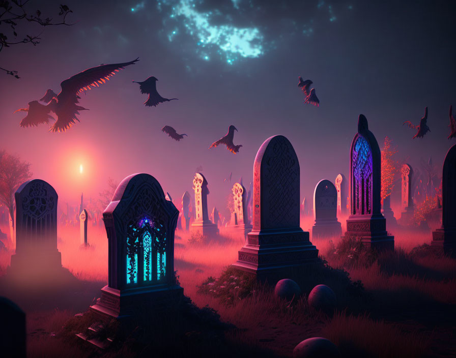 Fantastical graveyard scene at twilight with luminous tombs and flying ravens