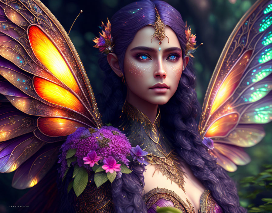 Fantasy female character with butterfly wings in lush forest