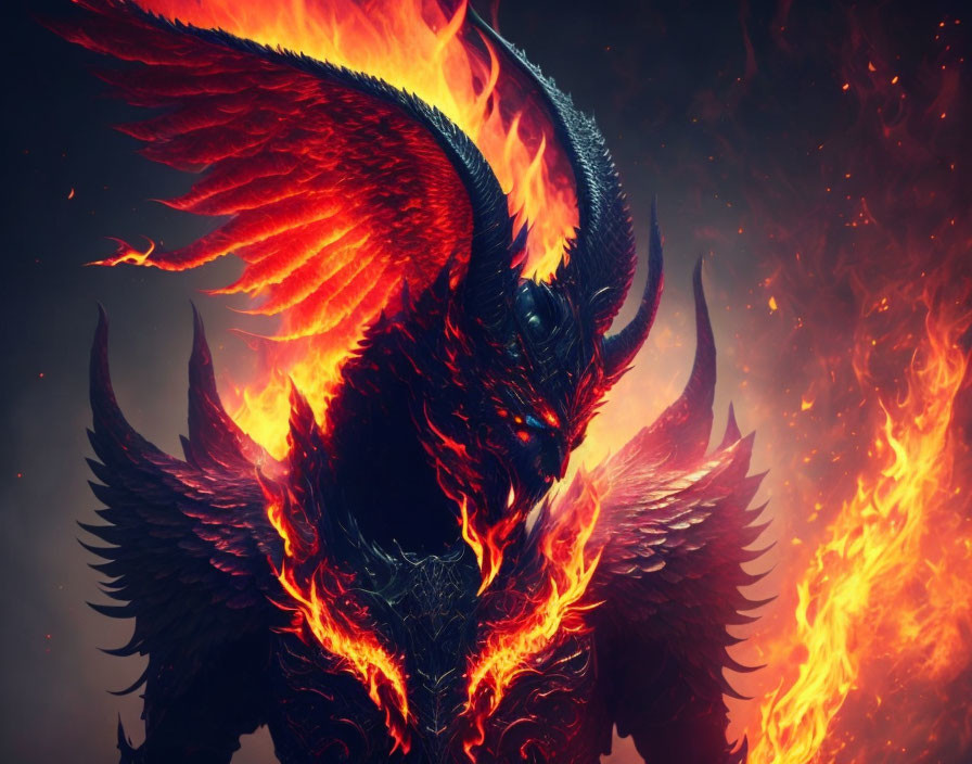 Fiery dragon with glowing eyes and flaring wings in blazing flames