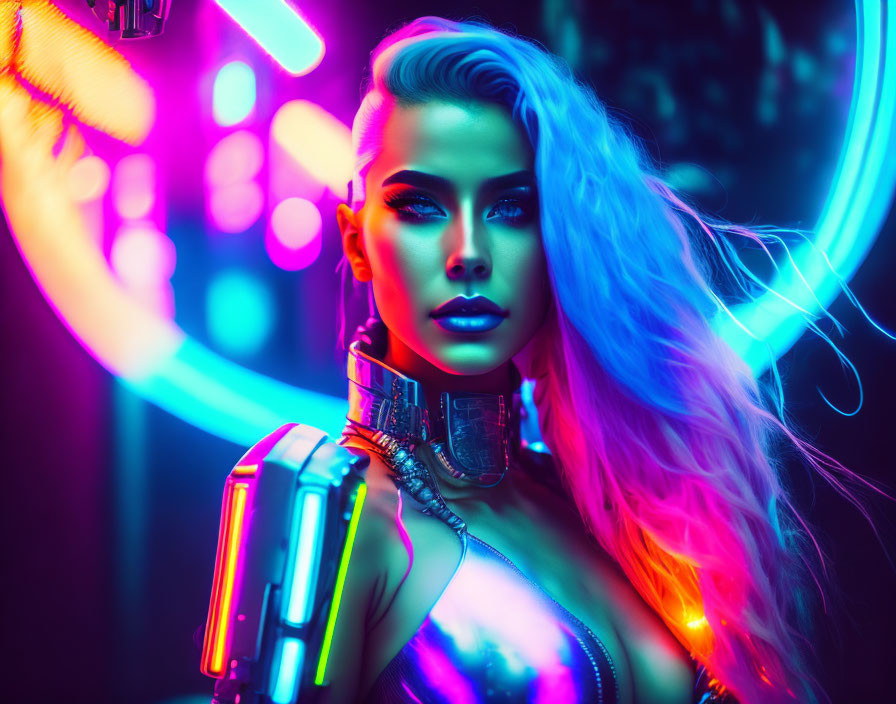 Futuristic woman with blue and pink hair in cyberpunk attire