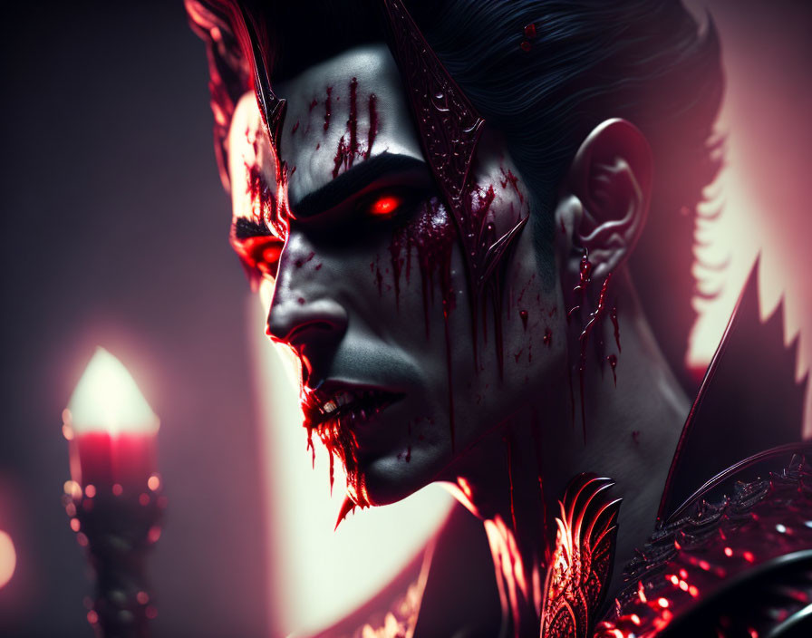 Dark Figure with Elaborate Makeup and Glowing Red Eyes in Moody Setting