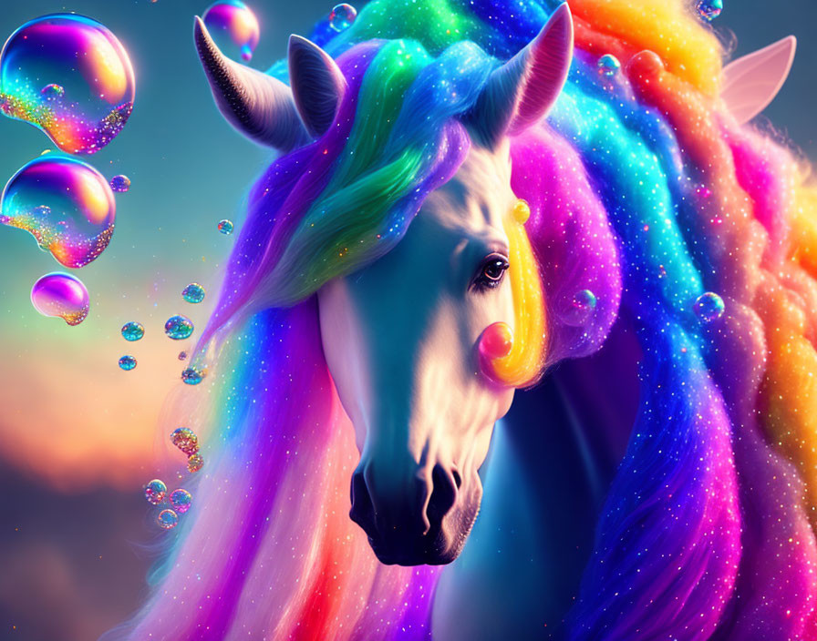 Colorful unicorn with rainbow mane and iridescent bubbles on cloudy backdrop