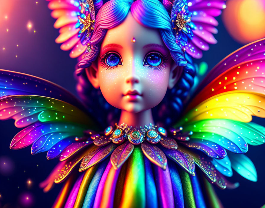 Colorful fairy-like figure with multicolored wings and cosmic backdrop