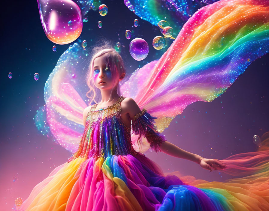 Colorful Young Girl in Iridescent Dress with Bubble Trail