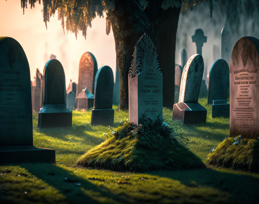 Serene cemetery scene with tombstones and lush greenery under warm sunlight