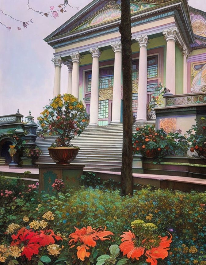 Classical building with garden, flowers, iron railing & sky