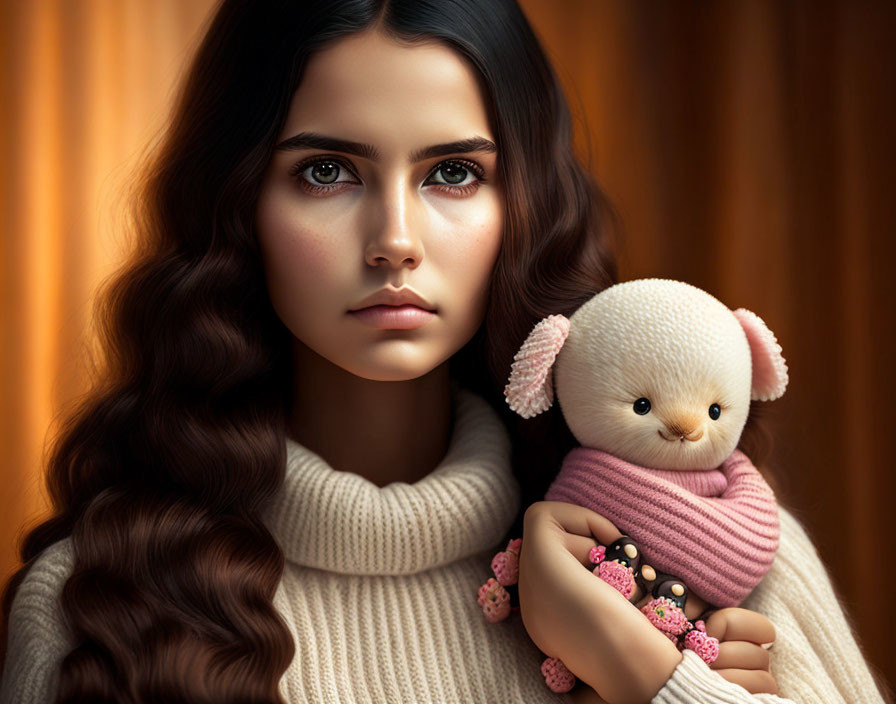 Woman with Long Wavy Hair in Cream Sweater Holding Plush Cat Toy