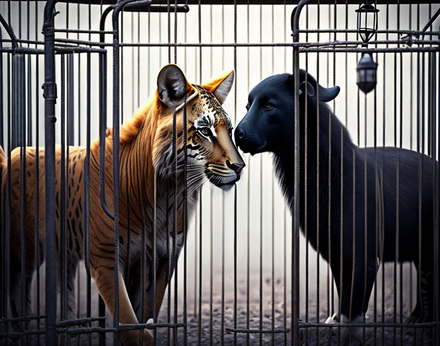 Tiger and bull confrontation in confined space