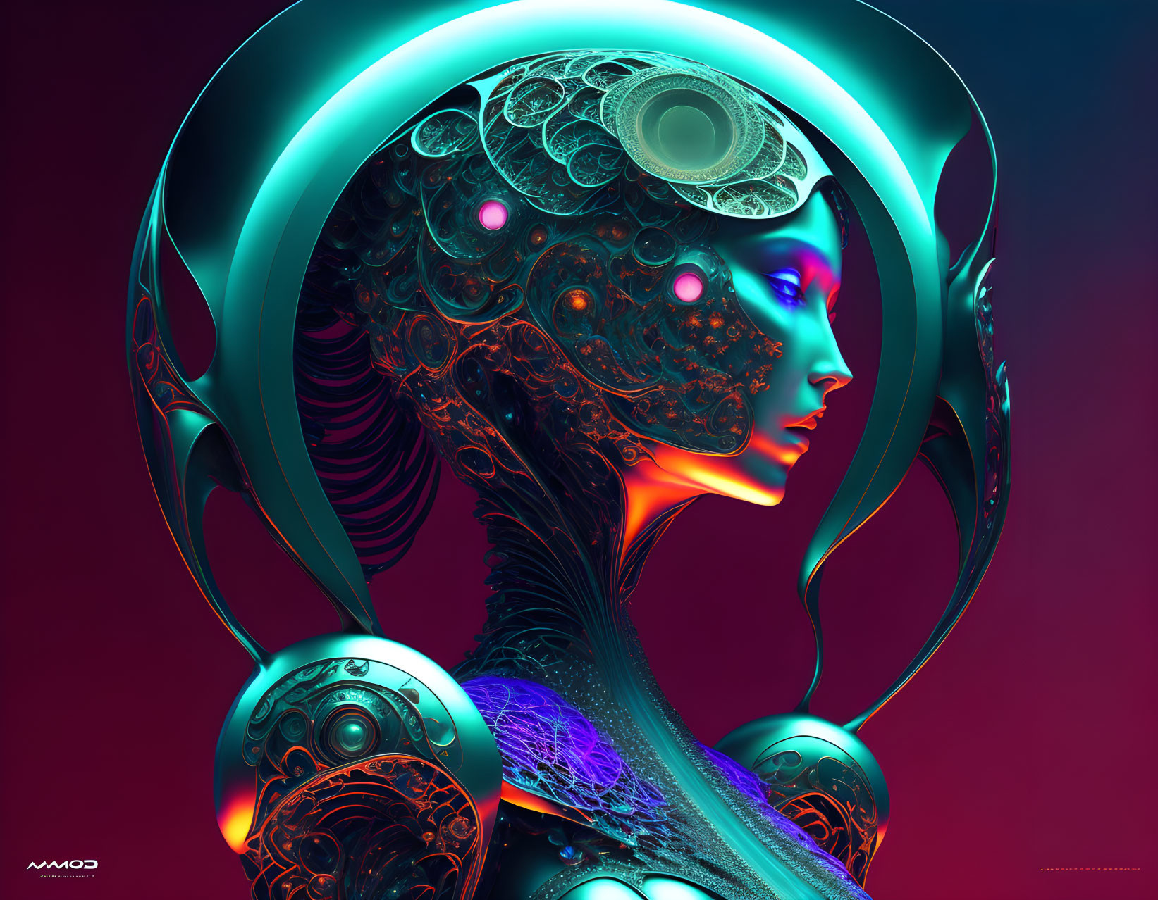 Futuristic female figure with metallic adornments on red background