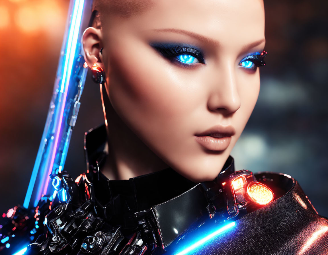 Futuristic android with blue eyes and cybernetic enhancements