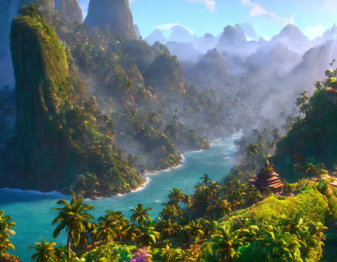 Lush green cliffs, river, sea, tropical flora, temple in animated landscape