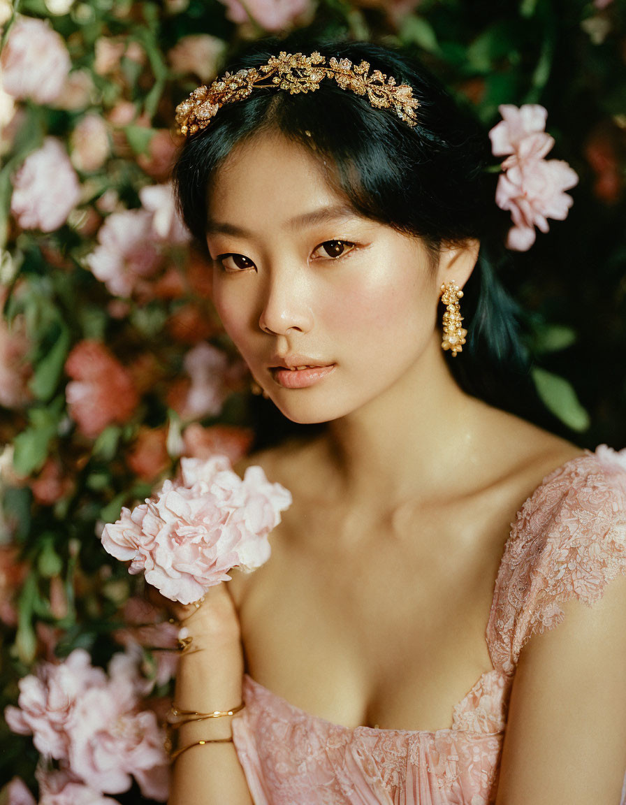 Woman in Pink Dress with Floral Headband Surrounded by Pink Flowers