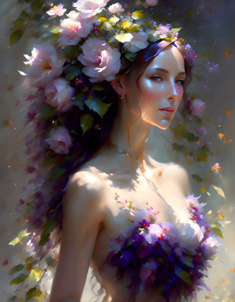 Woman portrait with floral headpiece and dress in serene gaze against glowing backdrop