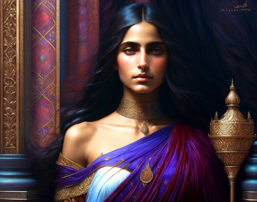 Traditional Art: Woman with Long Black Hair in Blue and Purple Outfit