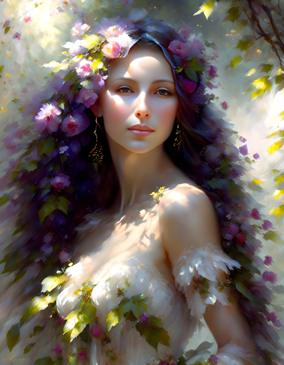 Woman with Floral Headpiece in Dreamlike Setting