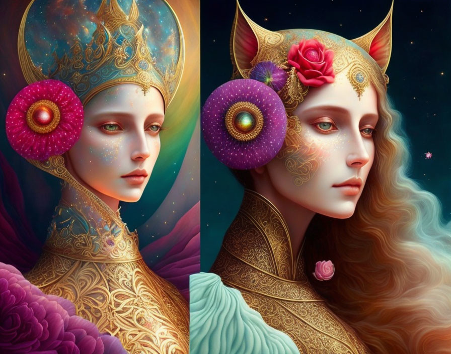 Digital Artwork: Ethereal Female Figures with Elaborate Headdresses