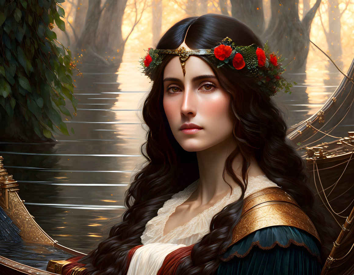 Woman with Dark Hair and Floral Crown in Sunlit Forest River Boat Scene