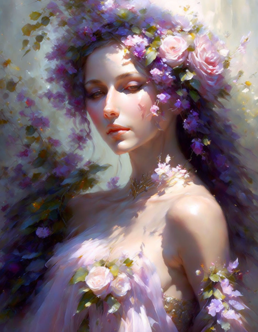 Ethereal painting of woman with floral wreath in soft pastel tones