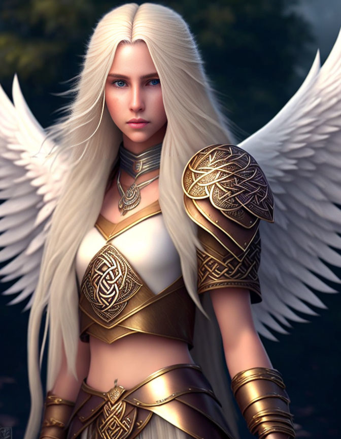 Angelic digital artwork: white wings, platinum blonde hair, blue eyes, golden armor