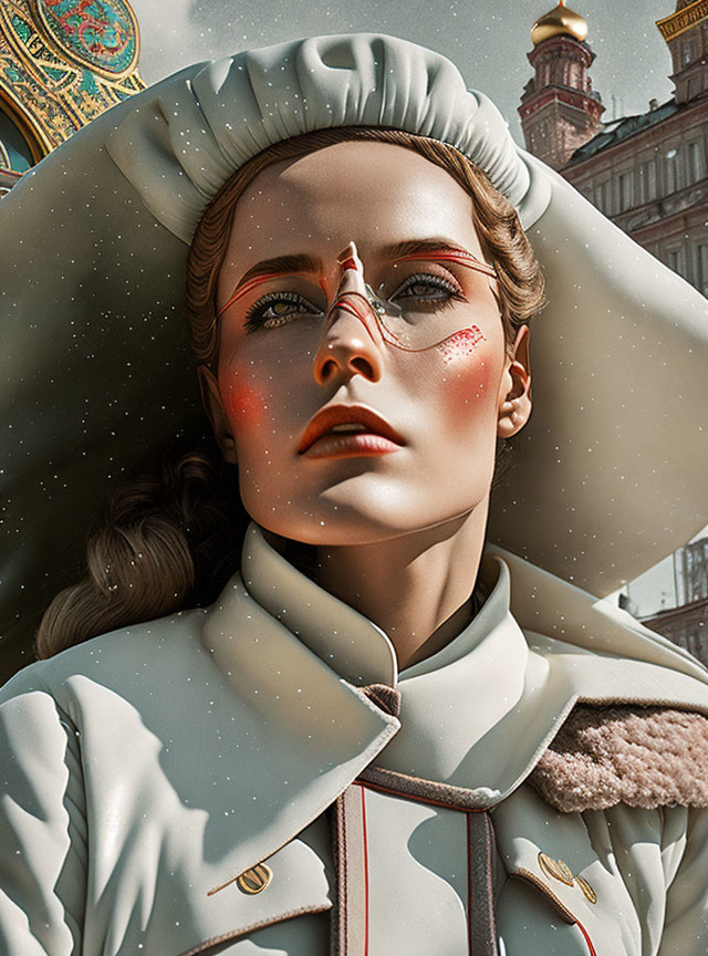 Futuristic woman in white uniform with red accents and high collar under sunlight.