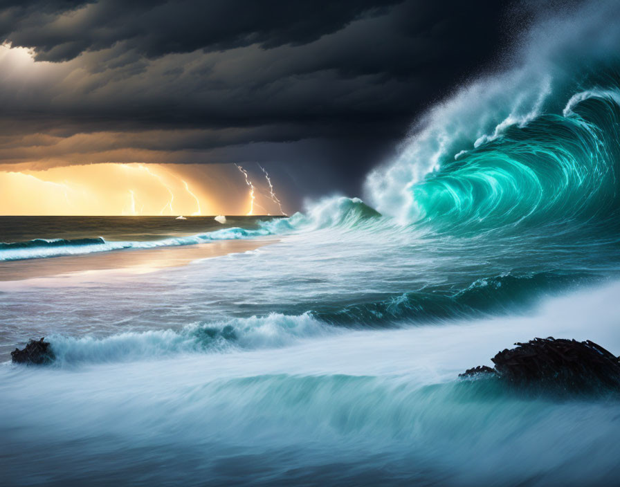 Dramatic turquoise wave under stormy sky with lightning strikes