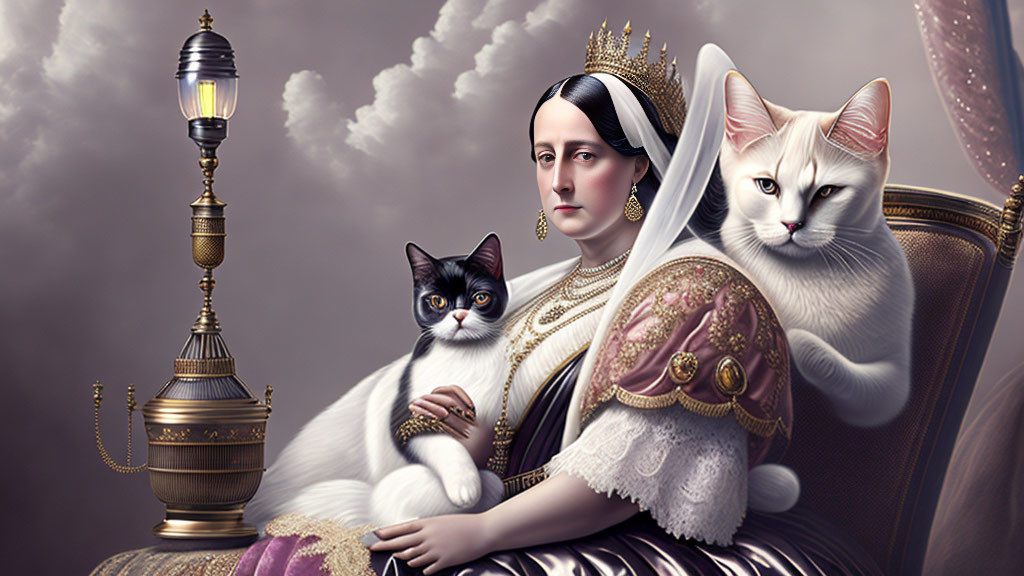 Regal woman in period attire holding a cat beside a throne with a larger cat under a lamp