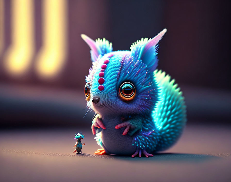 Colorful Creature Meets Mini Version in Whimsical Scene