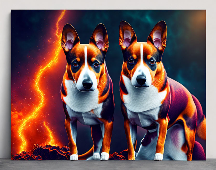 Vibrant-colored corgis with lava eruption and starry sky backdrop on canvas