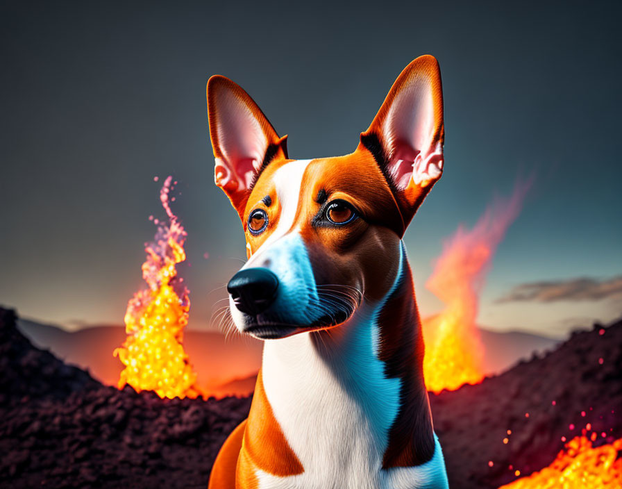 Brown and White Dog in Fiery Landscape with Explosions at Dusk