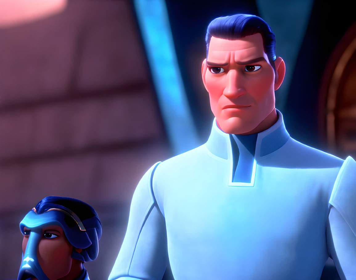 Serious 3D Animated Man in Blue Suit with Dark Hair