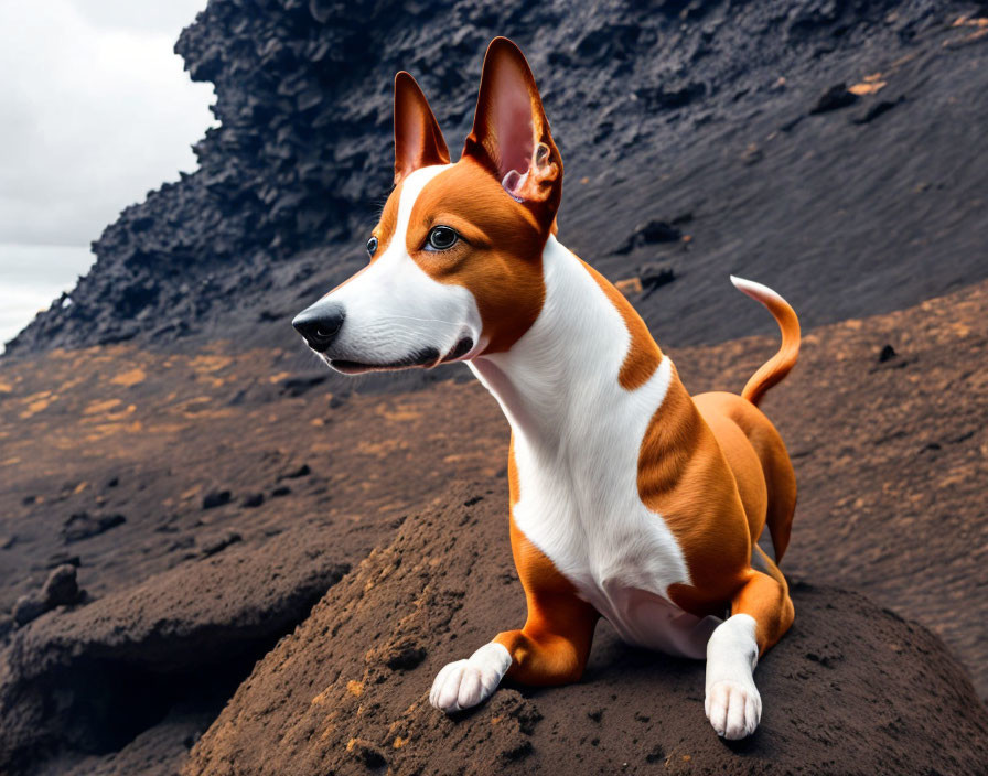 Brown and White Dog Sitting on Rocky Terrain Under Cloudy Sky